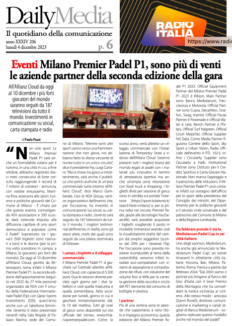 paopozzi's tweet photo. #Padel, uno sport democratico e popolare seguito da 187 televisioni da tutto il mondo. Da oggi al 10 dicembre all’#AllianzCloud di Milano i più forti giocatori del globo. Per la prima volta anche con un tabellone femminile. Ne parlo oggi su #DailyMedia https://t.co/V6zgQrNFPV