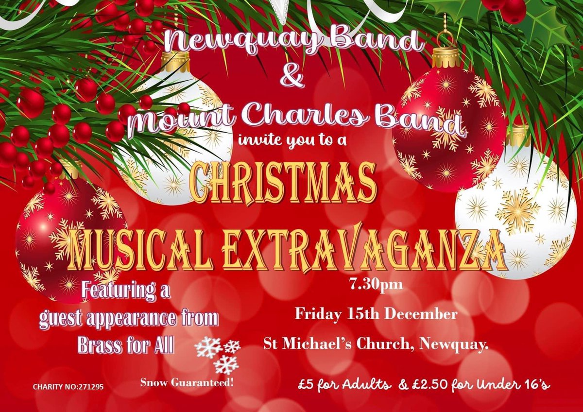 We are really looking forward to this! A mix of old classics, and more up to date Christmas tunes to get your feet tapping. 
We’re also looking forward to hearing Newquay’s brand new training band “Brass for All” 🎄🎄🎄