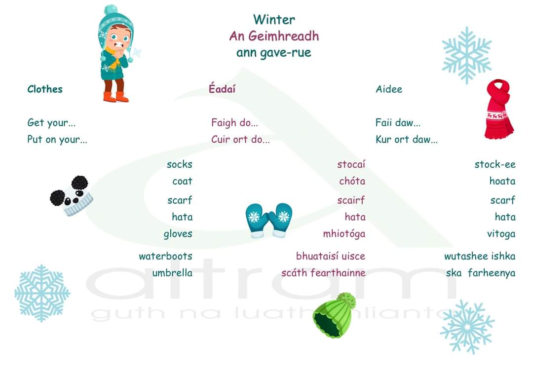 ❄️☃️An Geimhreadh ⛄️❄️ Tá an geimhreadh ann! Time for the Winter woolies for sure! Here are some useful words and phrases to use when talking about Winter clothing. #geimhreadh #WINTER