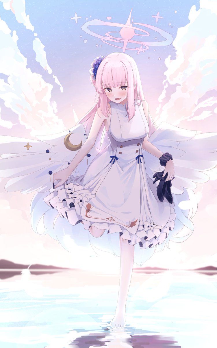 mika (blue archive) 1girl pink hair dress wings solo white dress halo  illustration images