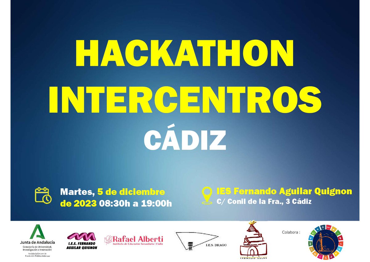 🧑‍🎓👩‍🎓60 alumnos/as   con inquietudes por conocer, trabajar y profundizar sobre emprendimiento se darán cita mañana  #hackathon2023  Intercentros  en  <a href="/IESAlbertiCadiz/">IES Rafael Alberti Cádiz</a> <a href="/IESFernandoAgui/">IES Fernando Aguilar Quignon</a>  <a href="/IesDrago/">IES_Drago</a> <a href="/BalboIes/">PDP</a>  con la colaboración de <a href="/ConsultoraAmbi3/">Consultora Ambiental Trafalgar</a> y el #Equipotécnico del #CadeCadiz