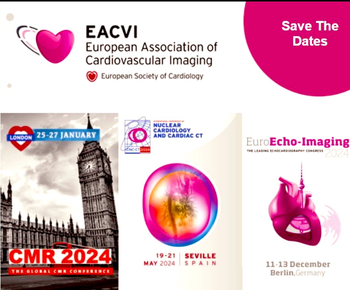 #EACVI events of 2024: #CMR2024 25-27 Jan 🇬🇧 Early reg till 05/12/23 #ICNC 19-21 May 🇪🇸 Abstract Deadline 18/01/24 #EuroECHO 11-13 Dec 🇩🇪 Stay tuned 👀 @EACVIPresident @s_e_petersen @VDelgadoGarcia @denisamuraru @leylaelifsade @gpontone1 escardio.org/Sub-specialty-…