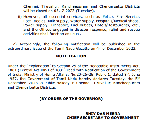 ANI's tweet photo. Due to the Cyclonic storm 'Michaung', all schools, colleges, educational institutions, government offices including the Offices of Public Undertakings/ Corporations, Boards, Banks, and Financial Institutions in Chennai, Tiruvallur, Kancheepuram and Chengalpattu Districts will be closed on 05.12.2023 (Tuesday).