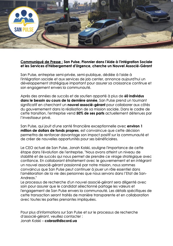 SanPulse_SA's tweet photo. Communiqué de Presse : @SanPulse_SA, Pionnier dans l'Aide à l'Intégration Sociale et les Services d'Hébergement d'Urgence, cherche un Nouvel Associé-Gérant https://t.co/nXTfQhcFMh