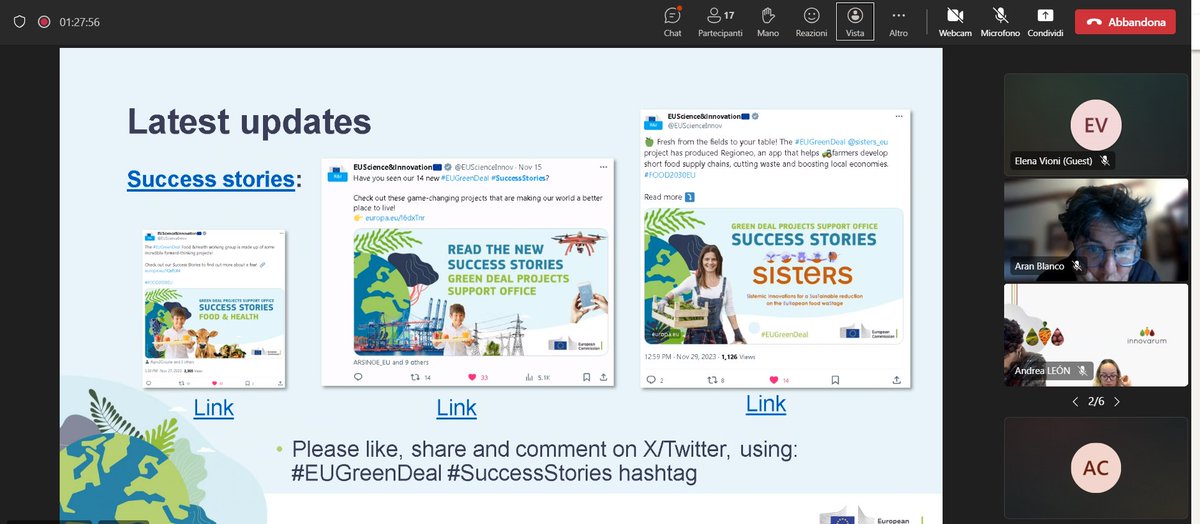 Can't miss this! Today we took part in the 4th Green Deal Support Office #GDSO WG meeting with our Food and Health Working Group. @ZeroW_EU, @sisters_eu and @SF4C_Project shared their #SuccessStories which you can find, among others, at ec.europa.eu/research-and-i…