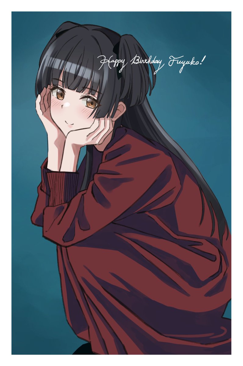 mayuzumi fuyuko 1girl solo black hair smile looking at viewer two side up sweater  illustration images