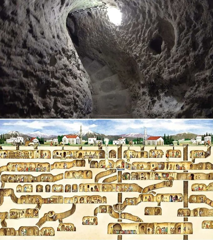 Derinkuyu is a 2500-year-old multi-level underground city in Turkey, extending to a depth of approximately 85 meters. 

It is large enough to have sheltered as many as 20,000 people together with their livestock and food stores.

It is believed to have been built by the