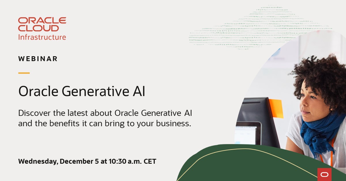h_alshhri's tweet photo. Join Oracle on 5 December and discover the latest about Generative of AI and the benefits it can bring to your business. Register now: https://t.co/XkjymQ0tYt https://t.co/y0HzRABF3f