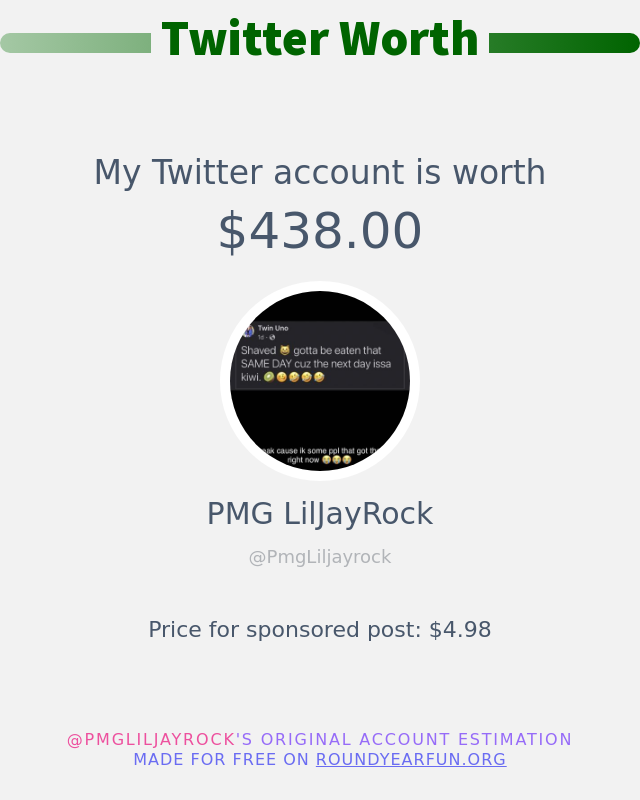 PmgLiljayrock's tweet photo. My Twitter worth is: $438.00

➡️ https://t.co/qfCREXQBqD https://t.co/K6TF6aA47T