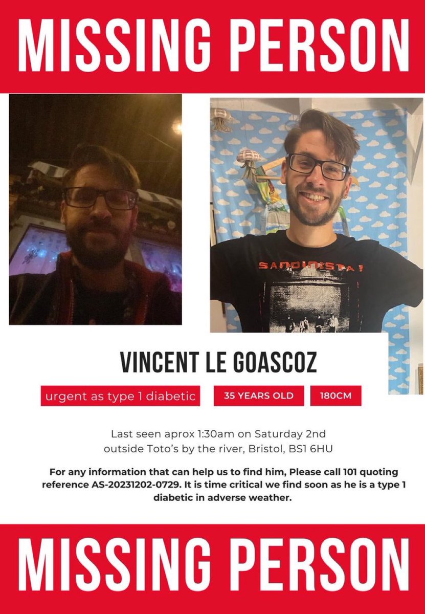 If you live in Bristol, please share this. A friend, *Vincent* is missing. He has a health condition and it’s unlike him. Please share any info with police. Here’s hoping.