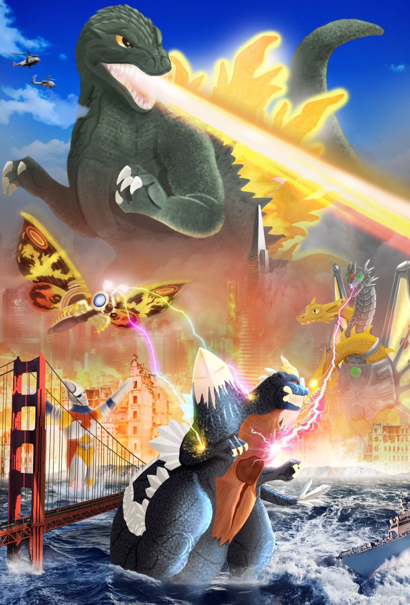 GodzillaSTE's tweet photo. Please enjoy this beautiful recreation of the classic US Godzilla STE 2004 box art, drawn by the newest member of our dev team, Cat Moth! https://t.co/zmXLadjQSz