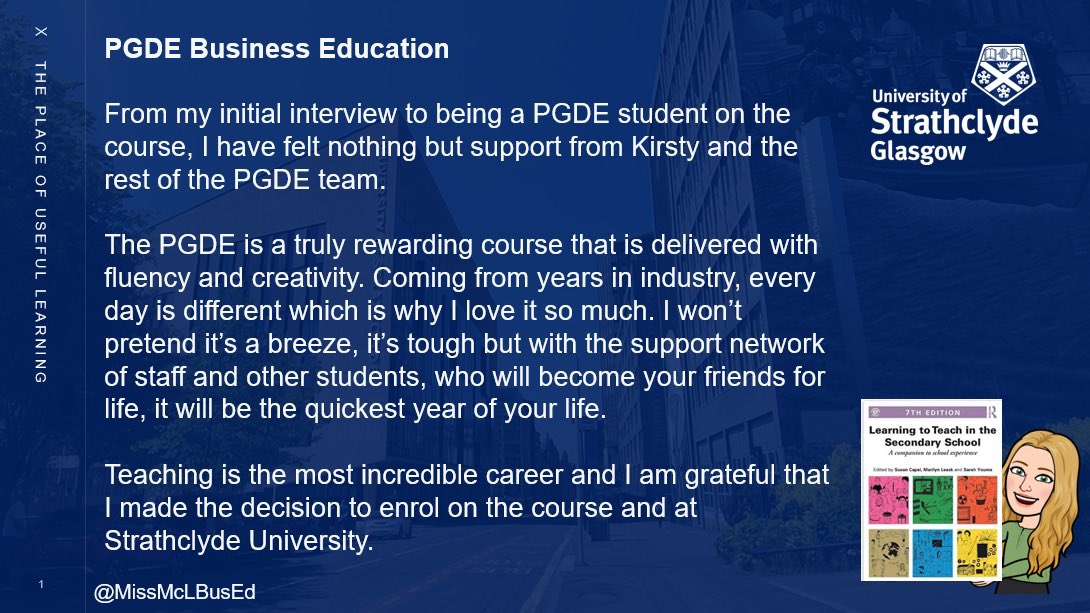 KHair_BusEd's tweet photo. Interested in becoming a #BusinessEd Teacher? Applications are open via @ucas_online for Aug 24 @StrathEDU. Hear what former student @MissMcLBusEd had to say about her experience on the #StrathPGDE last year @UniStrathclyde @StrathHaSS @BusEdScotland https://t.co/iPx8Of1goY