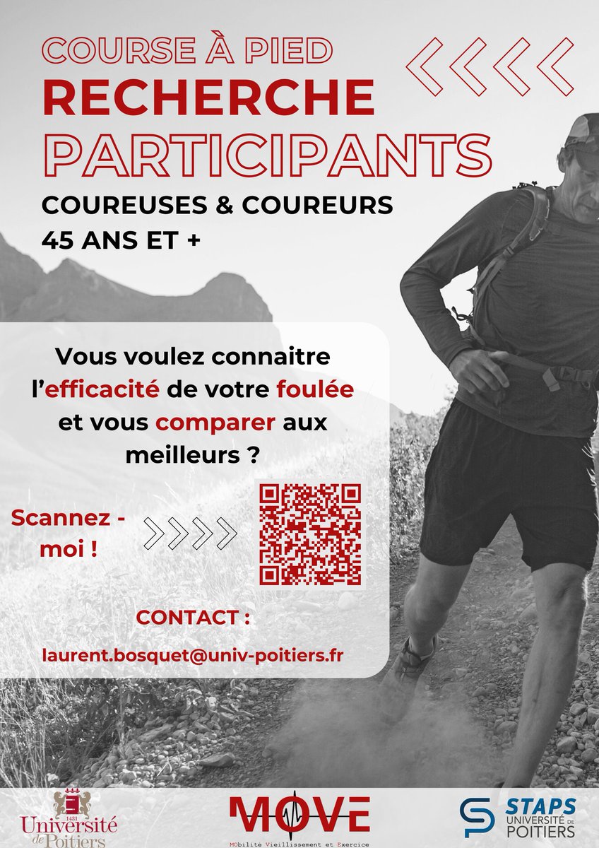 📅 À partir du 15 janvier 2024

🏃‍♂️ 🏃‍♀️ Coureurs et coureuses de 45 ans et plus

📝 Fixez-vous de nouveaux objectifs pour l'année à venir !

🔍 Vous voulez connaitre l’efficacité de votre foulée et vous comparer aux meilleurs ?

👀 Pour en savoir plus : move.labo.univ-poitiers.fr/espace-medias/…