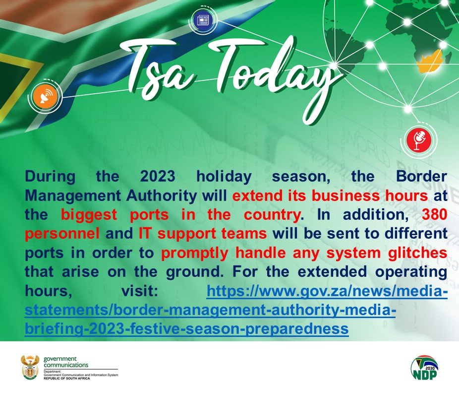 During the 2023 holiday season, @TheBMA_SA  will extend its business hours at the biggest ports in the country. For the extended operating hours, visit: gov.za/news/media-sta…

#ThisIsTheBMA
#FestiveSeason