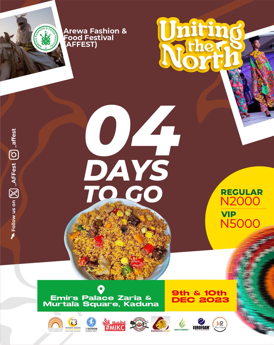 _AFFest's tweet photo. Savor the anticipation! Only four days left until the ultimate fusion of fashion and food delights. 🎉👗🍔
#AFFEST #Arewa #AFFEST2023 #Arewafashion #Arewafood #Countdown #Fourdaystogo #Northbynortherns https://t.co/Um9lHSLoAG