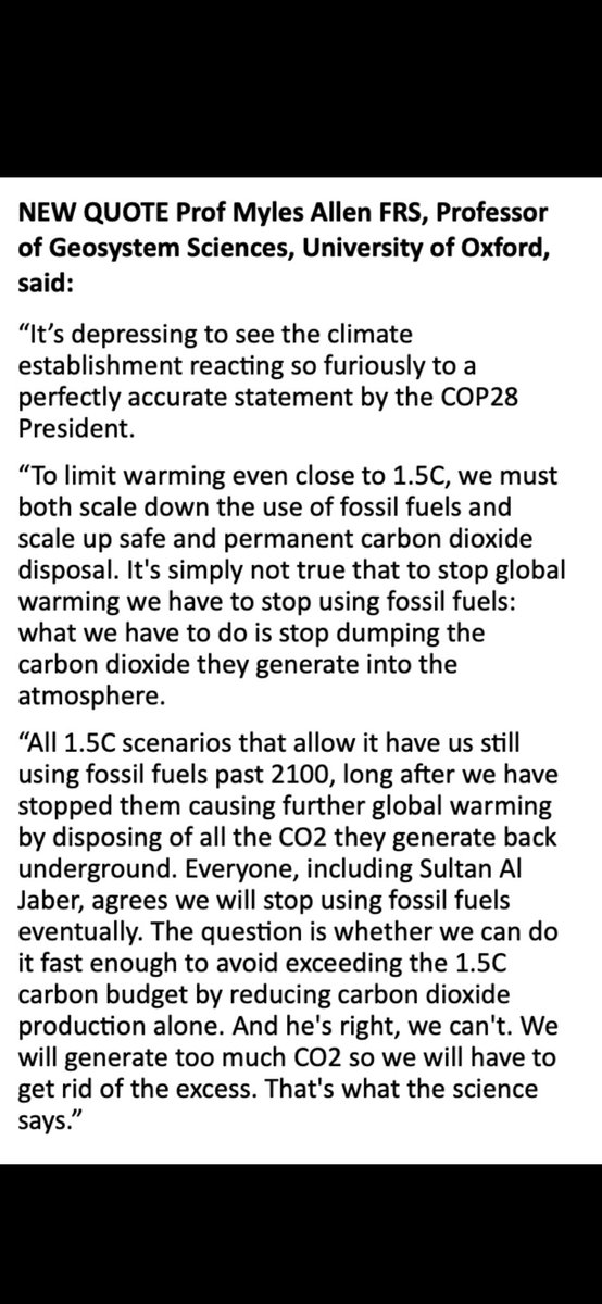 If we can scrub from the atmosphere all the carbon emitted by future fossil fuel consumption, plus all the carbon emitted after we almost certainly overshoot a 1.5 degree carbon budget, then yes, the @COP28_UAE President and my senior and very distinguished @UniofOxford…