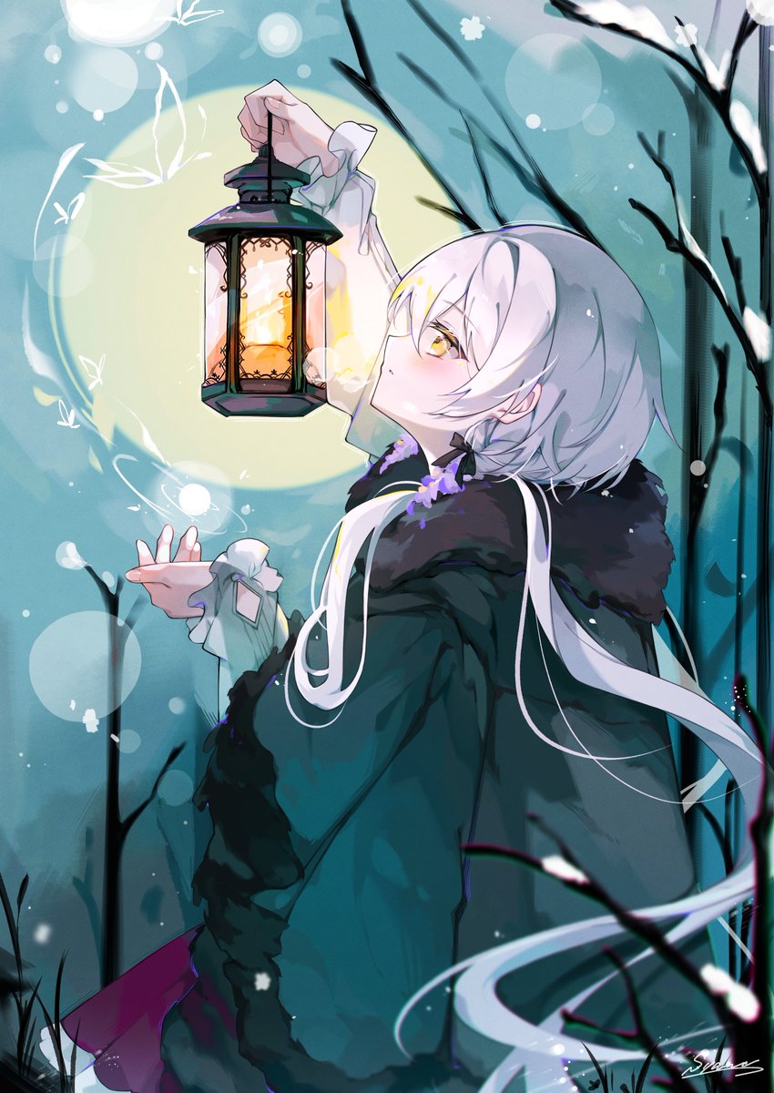 1girl lantern solo holding lantern yellow eyes holding long hair  illustration images