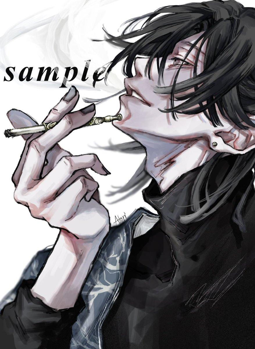 1boy male focus solo black hair holding cigarette smoking  illustration images