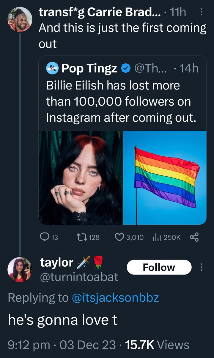 Ellie_Angharad's tweet photo. They really want Billie Eilish to be trans. Because any woman who wears baggy clothes must want to be a man. It's definitely not regressive stereotyping though. https://t.co/EImu3RyF6V