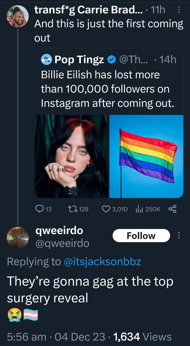 Ellie_Angharad's tweet photo. They really want Billie Eilish to be trans. Because any woman who wears baggy clothes must want to be a man. It's definitely not regressive stereotyping though. https://t.co/EImu3RyF6V