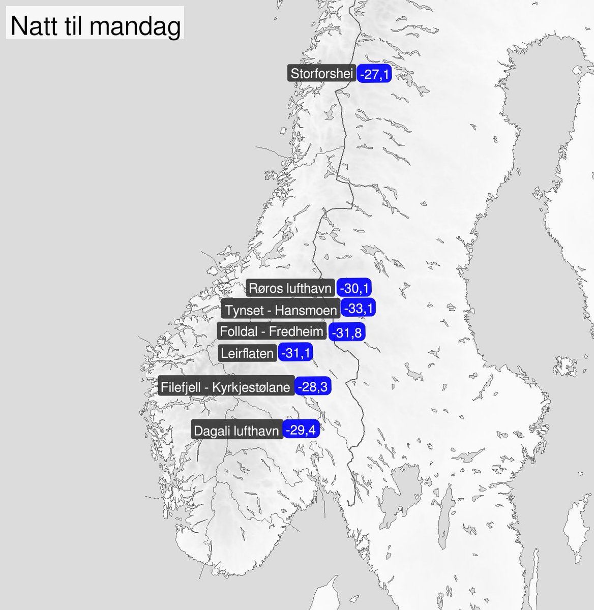 Meteorologene's tweet photo. For en kald start på uka 🥶 Norge topper listen over de stedene i Europa som har målt lavest minimumstemperatur i natt. Kaldest var Tynset som målte -33,1 grader❄️ Dette er kaldt, men ikke rekord. Selv om sola kommer frem i løpet av dagen blir det ikke mange grader varmere☀️ https://t.co/jucfssk1B1