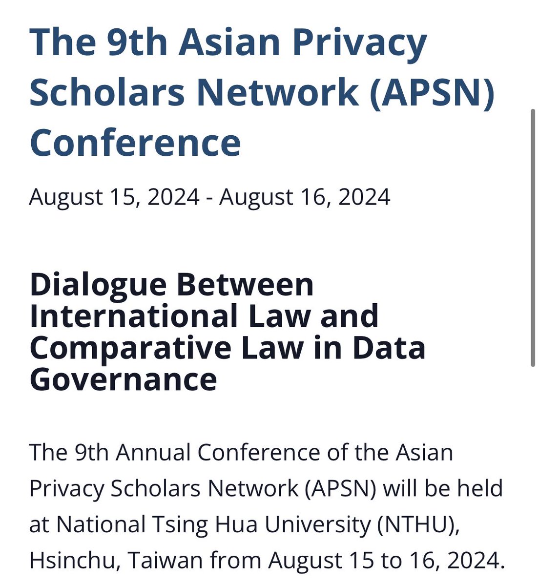 Submit now and come to @NTHU_TAIWAN for another exciting #datagovernance #privacy #law #technology #globalgovernance conference in August 2024! @asilorg_ILTchIG @SgSMUYPHSL @hanweiliu and Asian Privacy Scholars Network 🌍🌏🌎