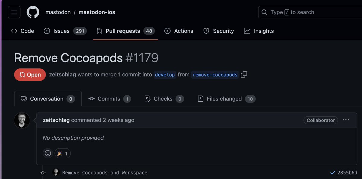 Dimillian's tweet image. Congrats to the Mastodon official app for removing Cocoapods!
