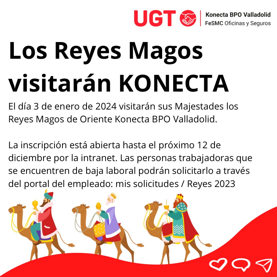 👑 ¡Los Reyes Magos vienen a Konecta un año más!

Te informamos de cómo has de la inscripción si estás en el centro de trabajo o de baja (IT)

#UGTKonecta