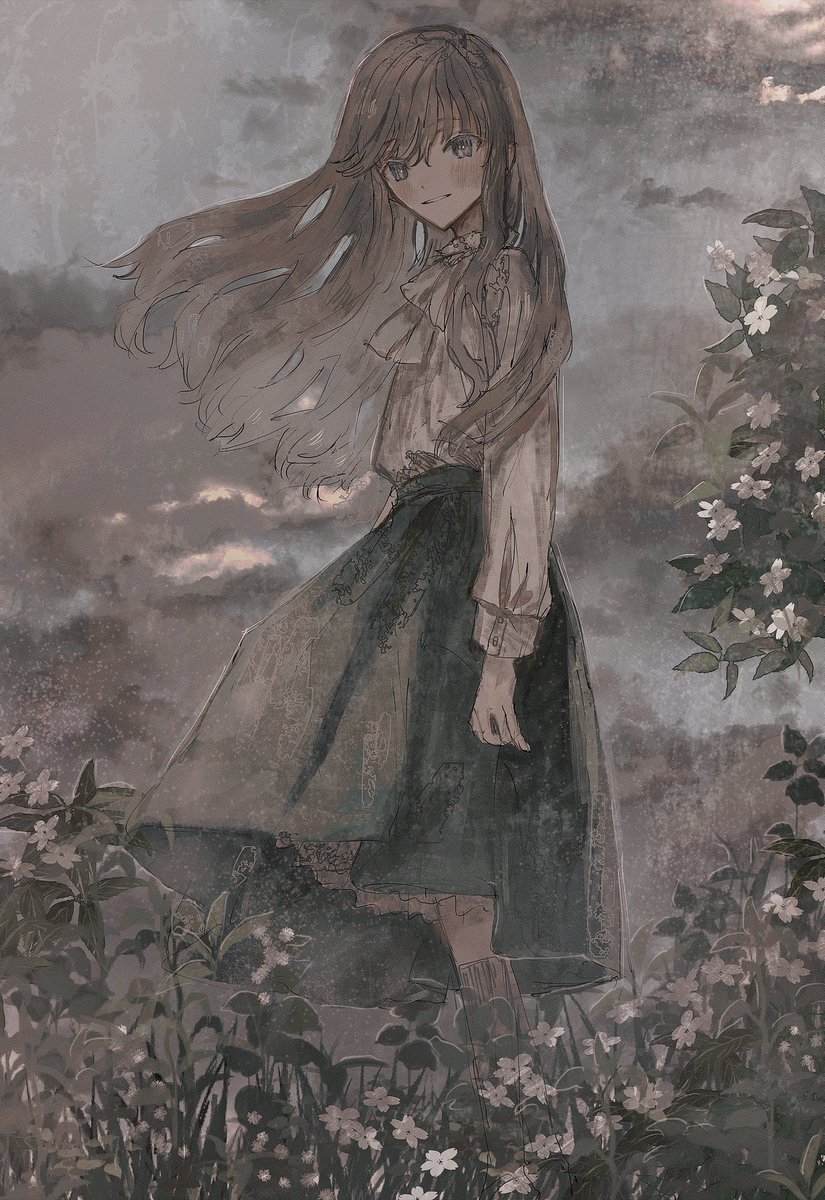 1girl solo long hair skirt outdoors cloud flower  illustration images