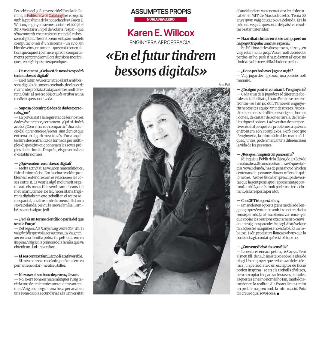 Escola de Camins (@escolacaminsupc) on Twitter photo Entrevista a Karen Willcox, directora de <a href="/OdenInstitute/">Oden Institute</a>, en <a href="/elperiodico/">El Periódico</a> , por Núria Navarro (<a href="/nurianavarroe/">Núria Navarro</a> ).
"En el futur tindrem bessons digitals.
Descrit breument, són models computacionals d’un sistema... "
#50anysCaminsUPC #EnginyeriaQueMouElMón Entrevista a Karen Willcox, directora de <a href="/OdenInstitute/">Oden Institute</a>, en <a href="/elperiodico/">El Periódico</a> , por Núria Navarro (<a href="/nurianavarroe/">Núria Navarro</a> ).
"En el futur tindrem bessons digitals.
Descrit breument, són models computacionals d’un sistema... "
#50anysCaminsUPC #EnginyeriaQueMouElMón
