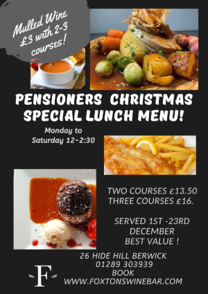 Fabulous festive feasting at Foxtons!

Book now 01289 303939

foxtonswinebar.com