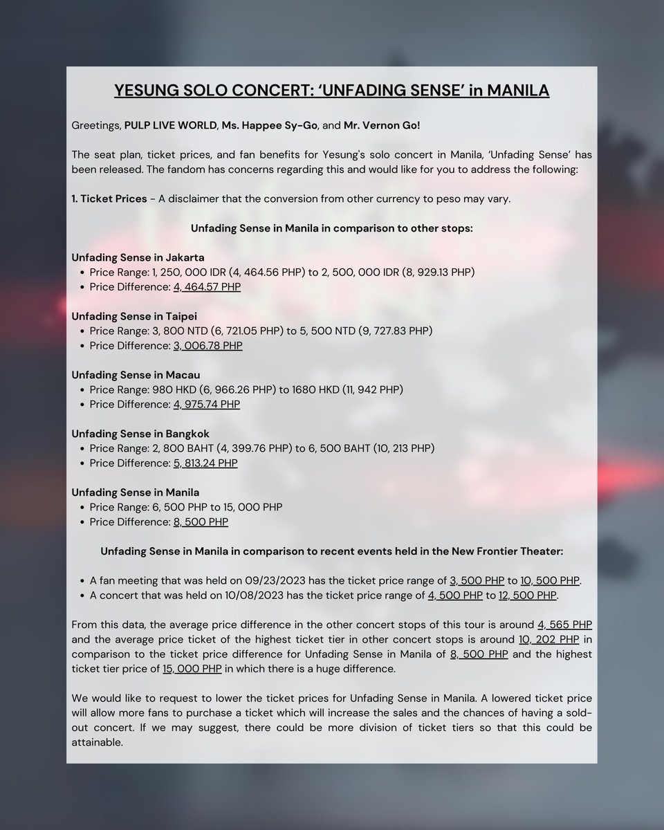 sujuxynh's tweet photo. Greetings, @pulpliveworld , @happeehour , and @Vernon_Go. Please see the collated concerns of PH ELF &amp; Clouds regarding the upcoming #UnfadingSenseInManila concert. We look forward to your team's response and immediate action. #YESOLOwerTicketPrices https://t.co/5ExtmwcE2T