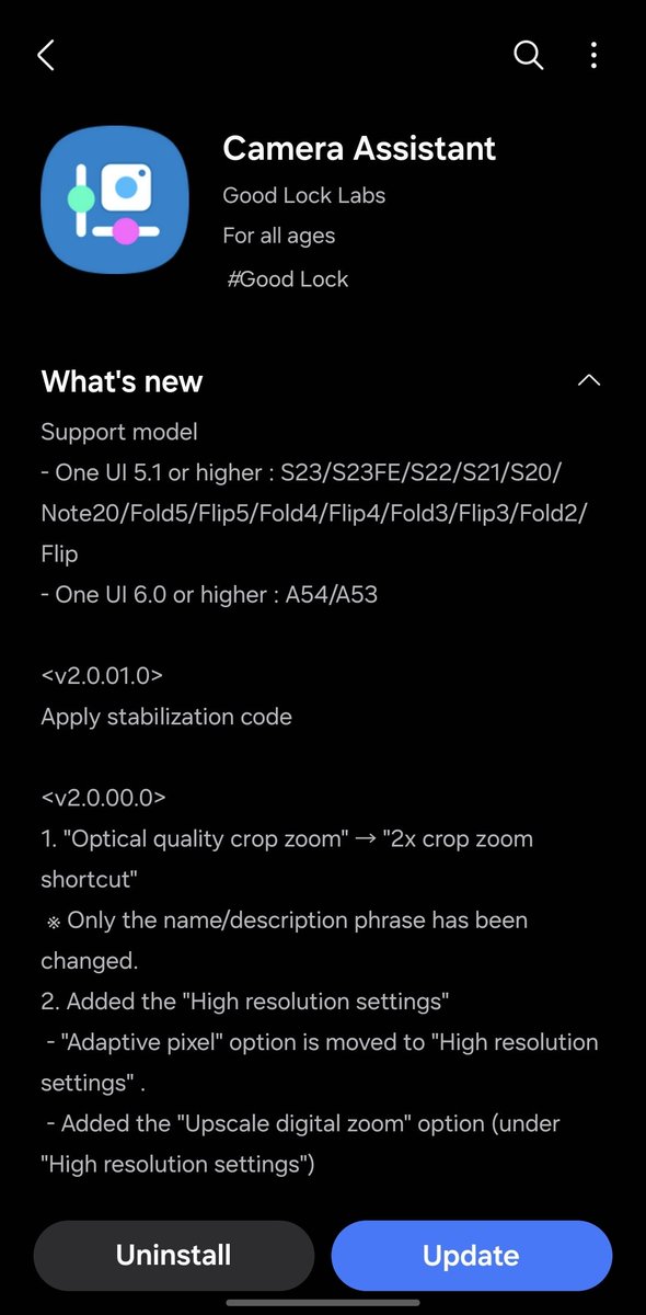 theordysm's tweet image. FYI: Camera Assistant v.2.0.01.0 update

Now supports A54/A53 with One UI 6 or higher

#GoodLock #CameraAssistant