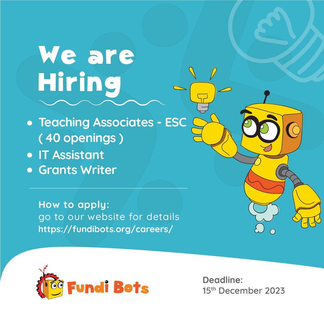 solomonking's tweet photo. Speaking of jobs, Fundi Bots (@FundiBots ) is recruiting for multiple positions.
- 40 Teaching Associates
- 1 Grant Writer
- 1 IT Assistant
Please share & RT.
Details for all jobs and the application process can be found here:
https://t.co/OOl7yhqKQg https://t.co/5suzvrbLWp