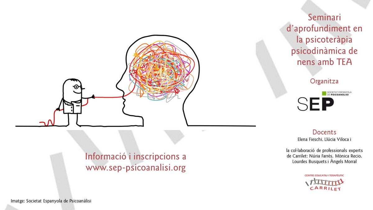 CarriletSccl's tweet photo. FORMACIÓ | Especialitzada a professionals clínics amb experiència 
➡️ Aprofundiment en la psicoteràpia psicodinàmica d'infants amb #TEA 
✅ Inscripcions obertes.
Inici curs: 12/01/2024
Org: @SEPsicoanalisis amb la col·laboració de #CarriletTEA

🔗 https://t.co/qnsm5yGfCx https://t.co/ARbwHuGLB1