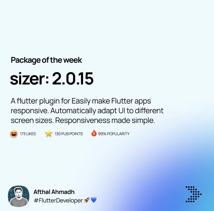 DartMaskedGuy's tweet photo. Package of the week: Sizer.🚀
Looking to create sleek, responsive UIs in Flutter without the hassle? Check out the #sizer package! It's a game-changer for handling different screen sizes effortlessly. Say goodbye to layout woes and hello to seamless adaptability! #FlutterDev #UI https://t.co/mU4wt9ESzm