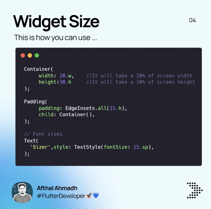 DartMaskedGuy's tweet photo. Package of the week: Sizer.🚀
Looking to create sleek, responsive UIs in Flutter without the hassle? Check out the #sizer package! It's a game-changer for handling different screen sizes effortlessly. Say goodbye to layout woes and hello to seamless adaptability! #FlutterDev #UI https://t.co/mU4wt9ESzm