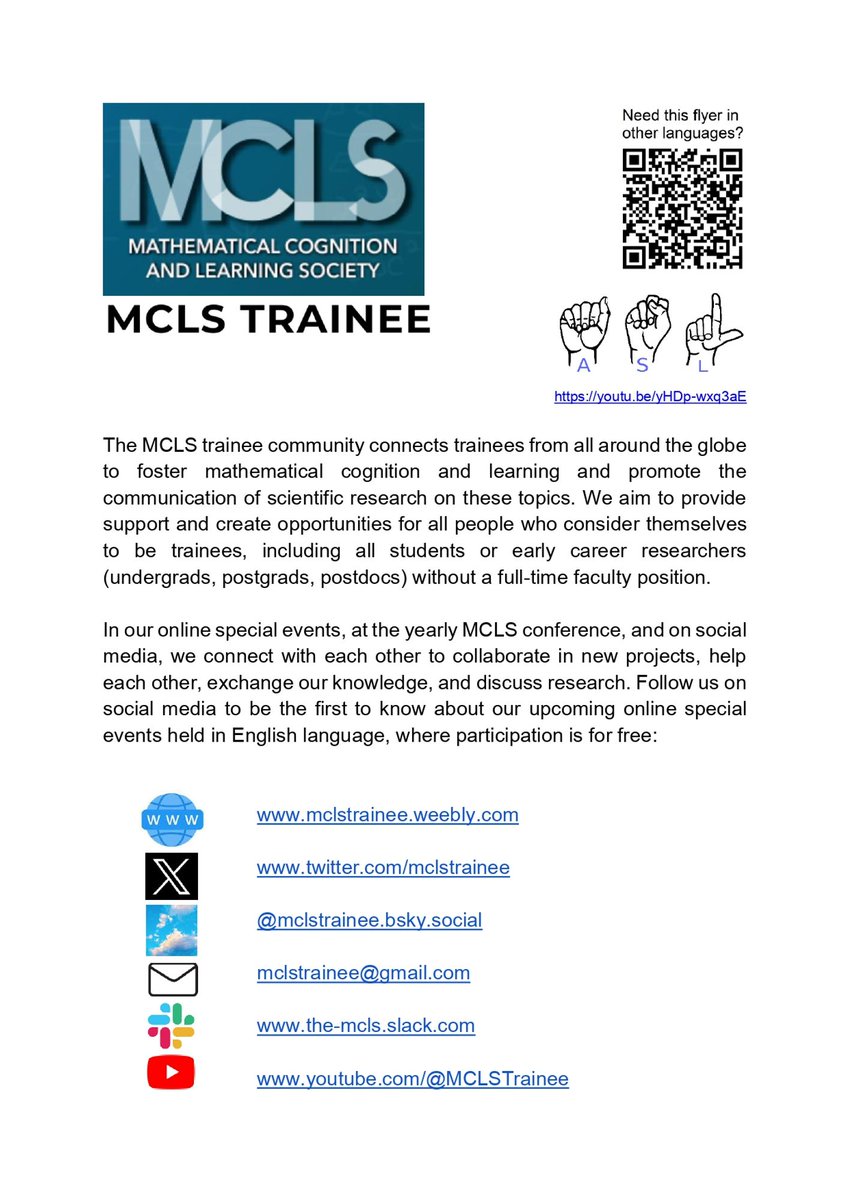 Spread our flyer to make the MCLS (Trainee) Community larger! Send it to researchers and students in the field of numerical cognition and math education who might not know us yet 🤗

(Flyer in different languages: drive.google.com/drive/folder...)
