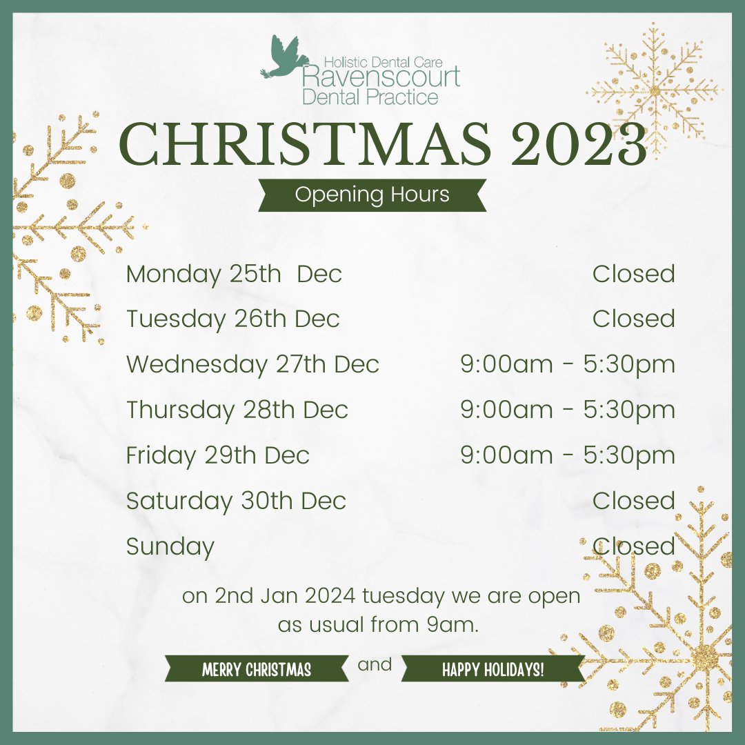 RDP_Dentist's tweet photo. As we look forward to the Christmas period, our usual hours don’t apply. 
 Our Usual practice hours return from 2nd Jan 2024
#rdpholistic #westlondon #hammermsmith #chiswick #dentist#emergencyappointments#holisticdentistldn#christmas#dentexhealth https://t.co/NyrA4gZVjP