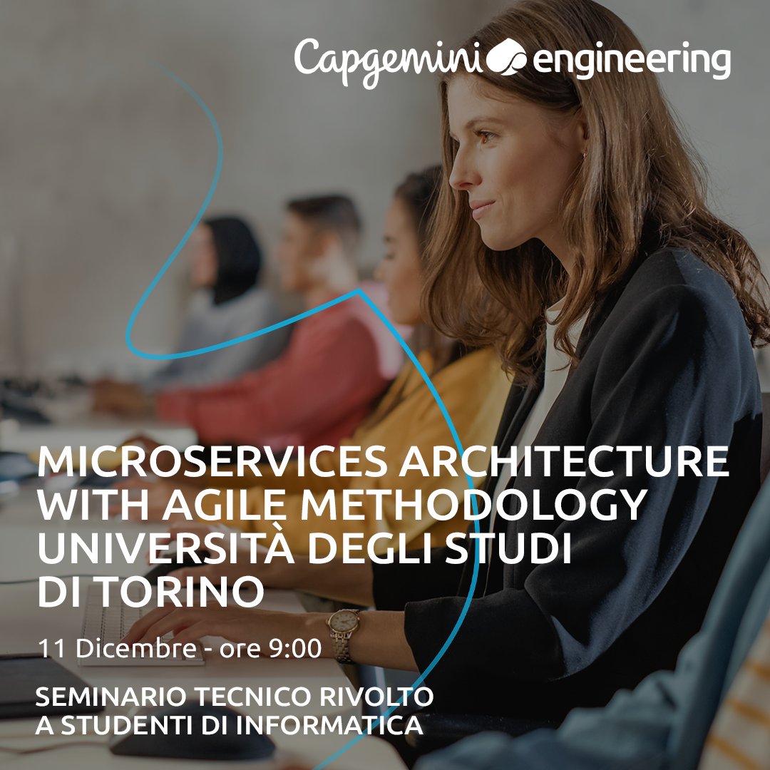 Capgemini Engineering Italia (@capgeminiengit) on Twitter photo Cosa succede se si combina l’architettura a microservizi con il lavoro Agile come lo #Scrum?
Ne parlerà Roberto Donato al seminario “Microservices Architecture with Agile Methodology” presso il dipartimento di Informatica dell’<a href="/unito/">Università di Torino</a>. Cosa succede se si combina l’architettura a microservizi con il lavoro Agile come lo #Scrum?
Ne parlerà Roberto Donato al seminario “Microservices Architecture with Agile Methodology” presso il dipartimento di Informatica dell’<a href="/unito/">Università di Torino</a>.