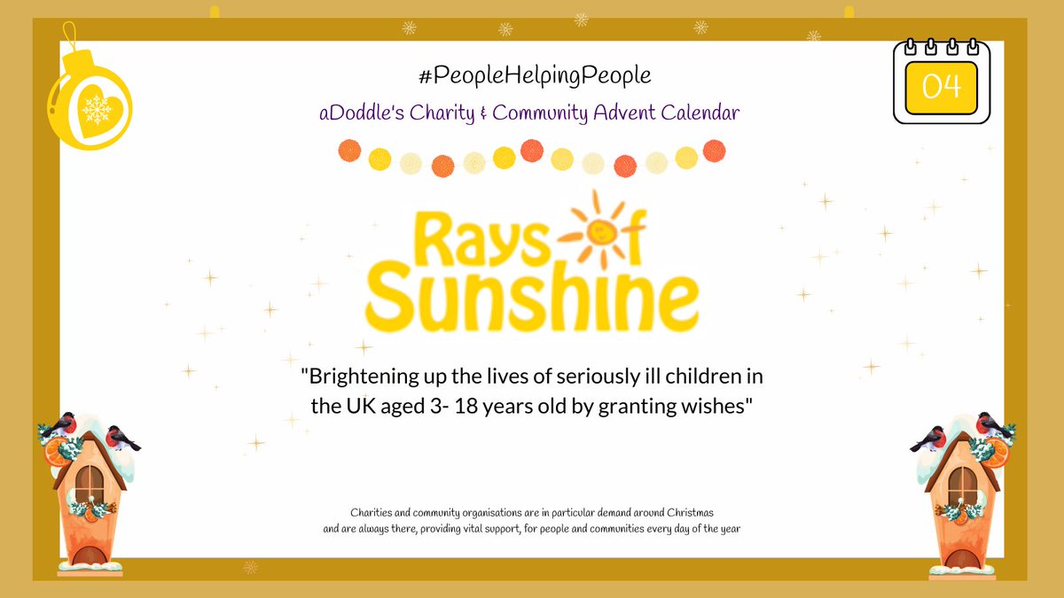 aDoddle_UK's tweet photo. Todays #FPOW #ChristmasAdvent is @RaysofSunshine who brighten the lives of children who are living with serious life-limiting illness aged 3-18. They have granted over 6,500 wishes & touched the lives of over 60K children. What a wonderful #Charity!
See:https://t.co/CXM6Ftob1w https://t.co/W09B6cLmxW