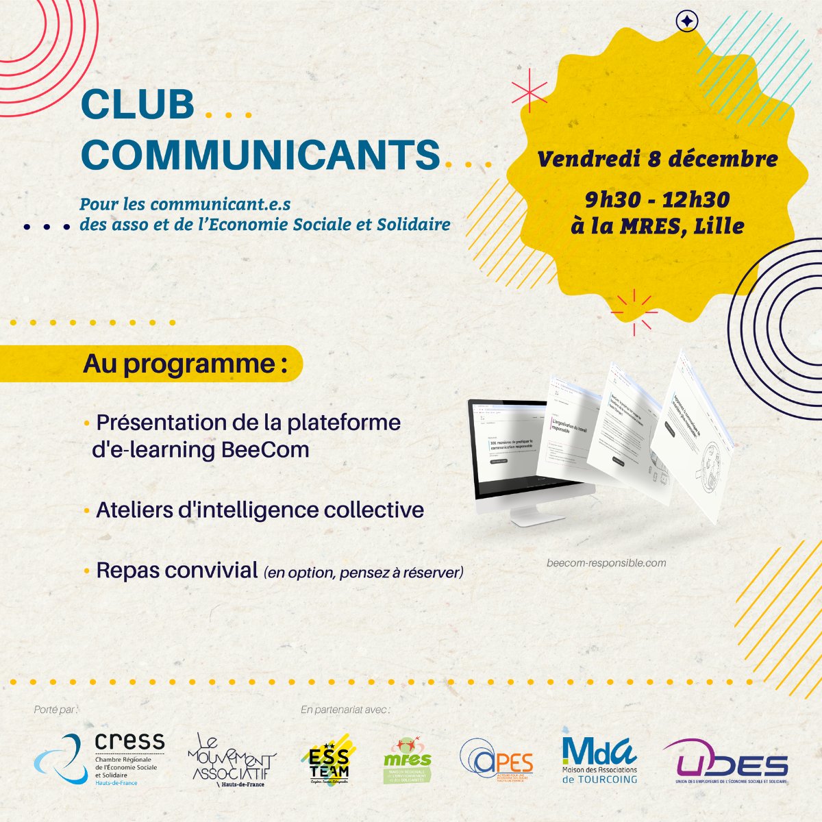 🎯🌱 Communicantes, communicants associatifs et ESS, participez au prochain Club Communicants sur les thématiques de la Transition Ecologique et de la Communication

📅 Vendredi 8 décembre 2023 à la MRES HdF de 9h30 à 13h00 !

✍Programme &amp; inscription 👇 mois-ess.org/club-communica…