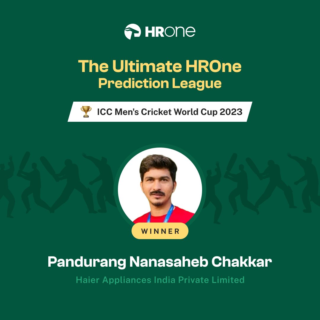 hronecloud's tweet photo. Hats off to the real Cricket Oracle, the maestro of predictions - Chakkar Pandurang from Haier Appliances India Pvt Ltd!
Your cricket foresight has truly made you the Ultimate HROne Prediction League Winner!
Many congratulations to you.
#HROne #PredictionLeague #FutureOfWork https://t.co/7CoUxkxypi
