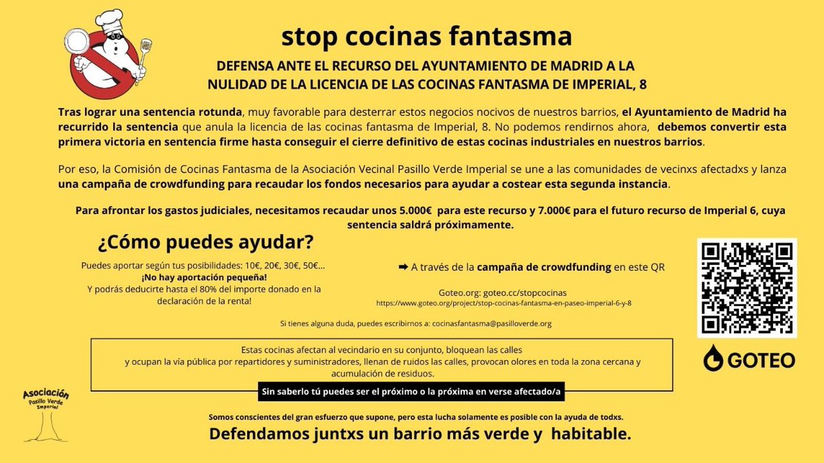 📢 APOYA EL RECURSO CONTRA LAS #COCINASFANTAMA📢

⚠ <a href="/MADRID/">Ayuntamiento Madrid</a> ha recurrido sentencia que anula licencia #cocinas industriales en Imperial 8.
No podemos rendirnos ahora‼

 ➡️ Colabora para echarlas de zonas residenciales
Crowdfunding👇
goteo.org/project/stop-c…

#StopCocinasFantasma