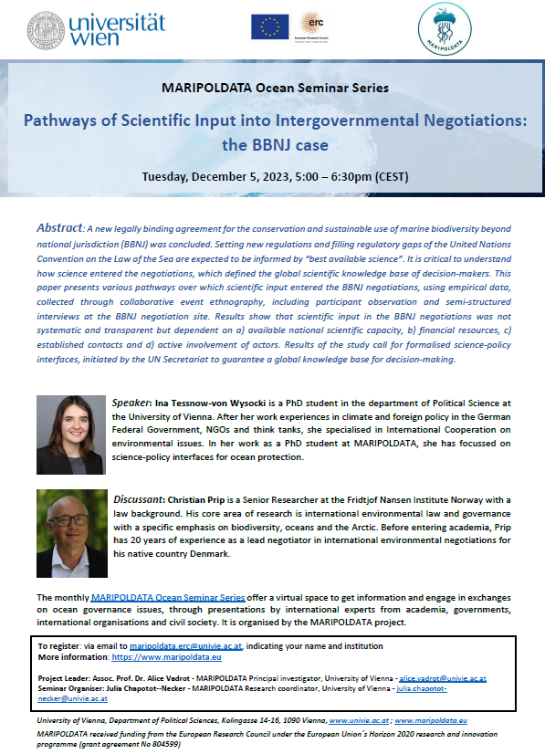 💡🧬🌊Join us 𝐭𝐨𝐦𝐨𝐫𝐫𝐨𝐰 for our @maripoldata Ocean Seminar on pathways of scientific input into intergovernmental negotiations! Presentation: @InaTessnow Discussion: @PripChristian When: Tuesday, 05.12. 5-6:30pm (CET) Where: online 👉maripoldata.eu/newsevents/#to…