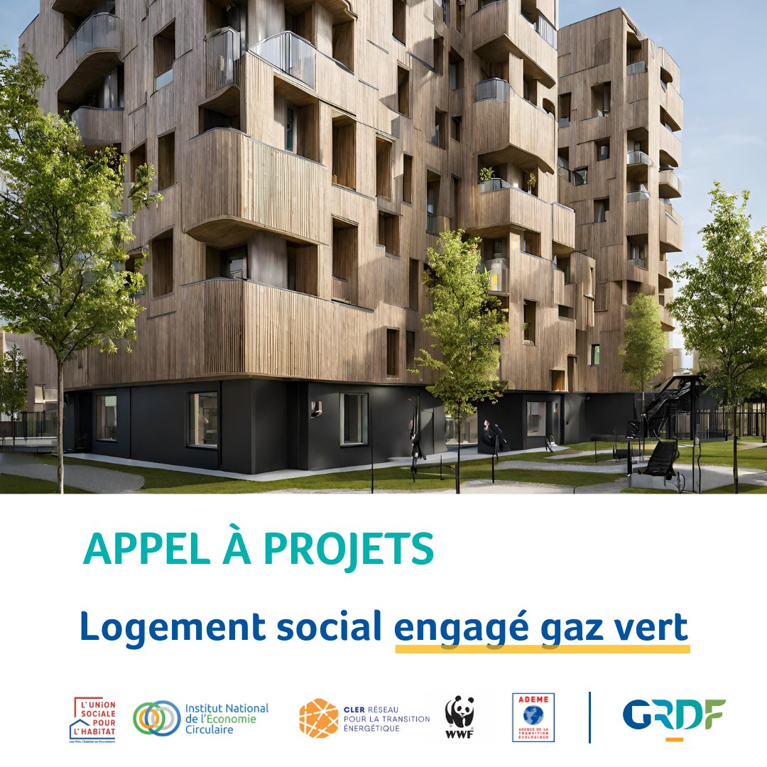 📣 #GRDF, <a href="/UnionHlm/">UnionHlm</a>, <a href="/ADEME/">ADEME</a>, @assoCLER, <a href="/WWFFrance/">WWF France 🐼</a> et @Eco_Circulaire lancent l’appel à projet "Logement social engagé #GazVert".

Destiné aux #bailleurs sociaux, il a pour objectif de contribuer à la décarbonation du Parc de logement social.

Candidatez👉cutt.ly/0wPal7p4
