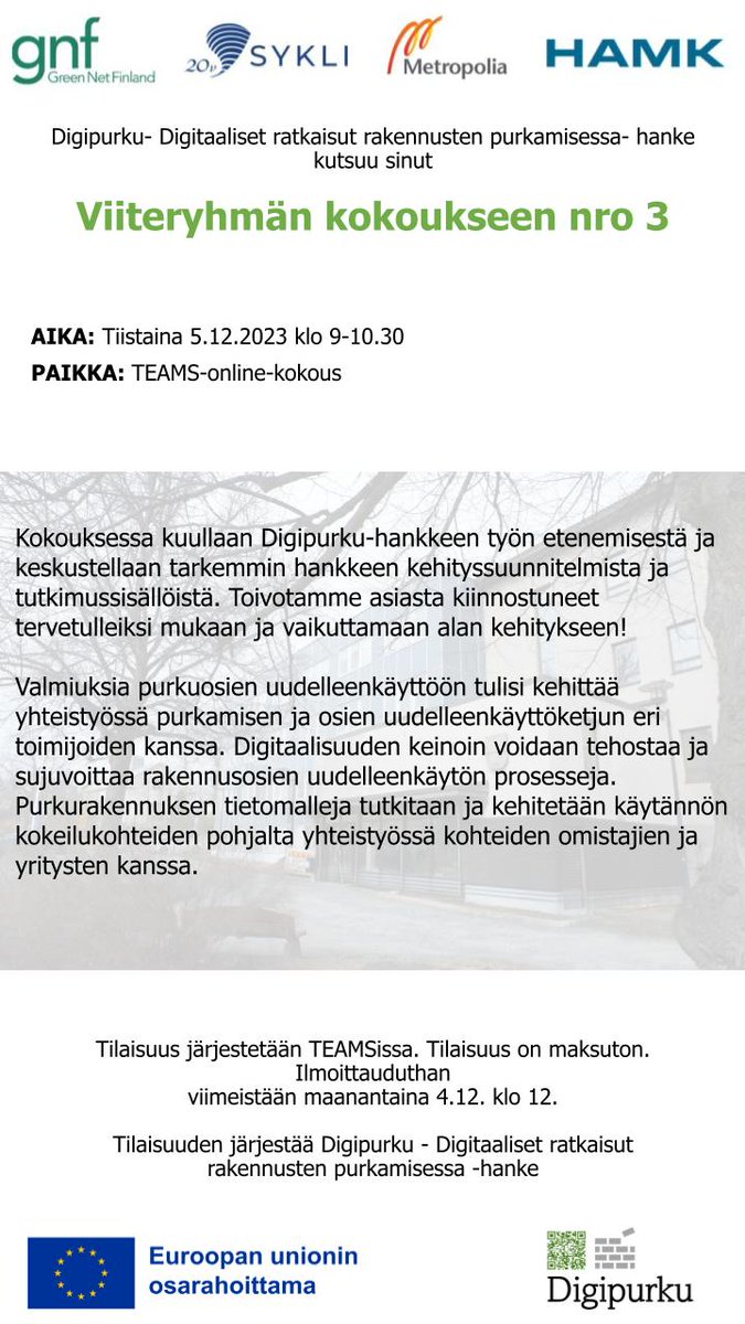 Tule mukaan Digipurku-hankkeen viiteryhmän kokoukseen huomenna 5.12. klo 9 Teamsiin. Vielä ehdit ilmoittautua mukaan tästä: docs.google.com/forms/d/e/1FAI….