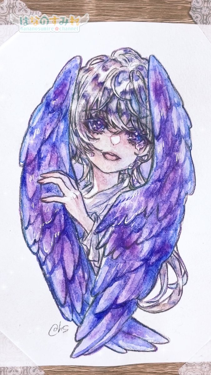 solo wings traditional media 1girl looking at viewer long hair purple eyes  illustration images