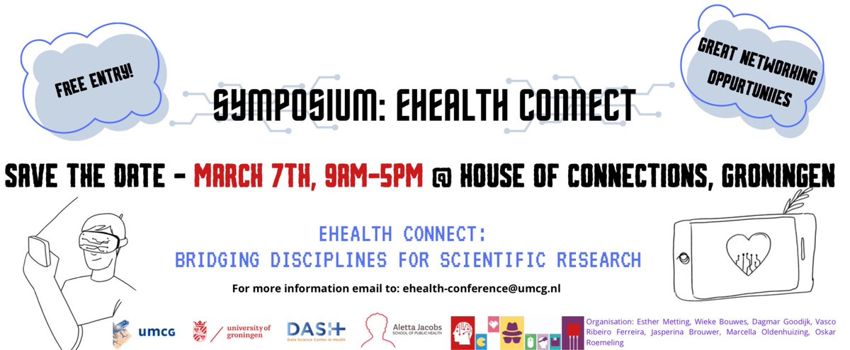 Block your agenda: interdisciplinary ehealth symposium! Aim: to improve the network among ehealth researchers from UMCG/RUG/Hanze  <a href="/DASH_umcg/">Data Science Center in Health (DASH)</a>  <a href="/YAGroningen/">Young Academy Groningen</a> @UniGroningenFEB <a href="/researchumcg/">Research UMCG</a> @Hanze_HA @rug_gmw <a href="/CampusFryslan/">Campus Fryslân - University of Groningen</a> <a href="/FacultyofArtsUG/">Faculty of Arts - University of Groningen</a> <a href="/AlettaJacobsSPH/">Aletta</a> <a href="/ug_spotlight/">UG Spotlight 🔎🔦</a> <a href="/ug_dcc/">University of Groningen Digital Competence Centre</a>