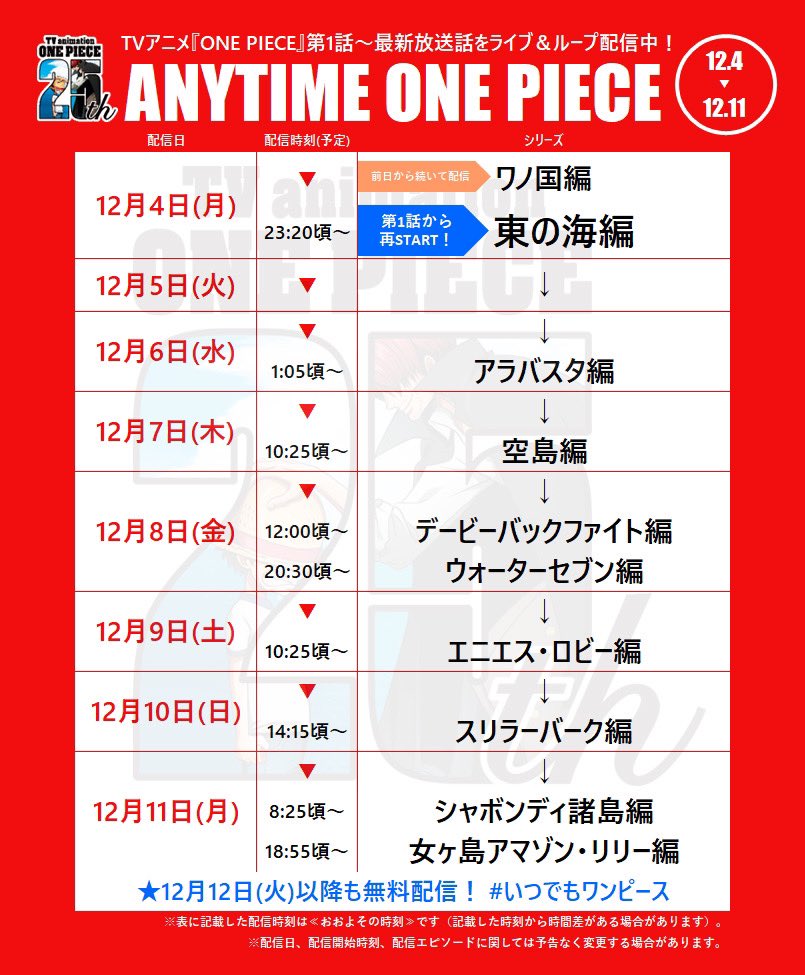 Eiichiro_Staff's tweet photo. 【配信スケジュールのお知らせ】

今晩23:20ごろから3巡目に突入⚡️

12.4(月)~12.11(月)までの
『ANYTIME ONE PIECE』エピソード別
配信スケジュールを公開しました🏴‍☠️

▼YouTubeでみる
https://t.co/Z7sbPerw9J

#ONEPIECE
#いつでもワンピース https://t.co/Aa4eLOuOUs